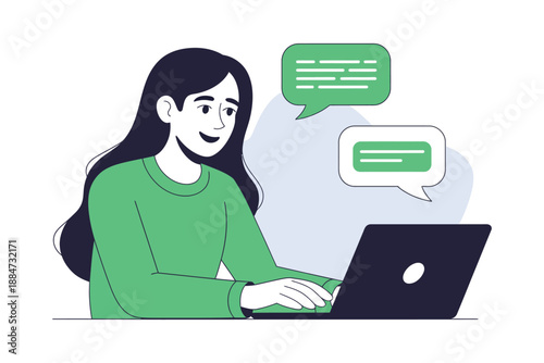 A woman sitting at a desk working on a laptop with chat bubbles above her head