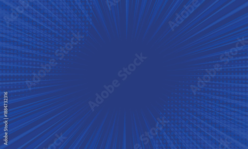 Comic book halftone background. Blue sun pop art retro rays background.
