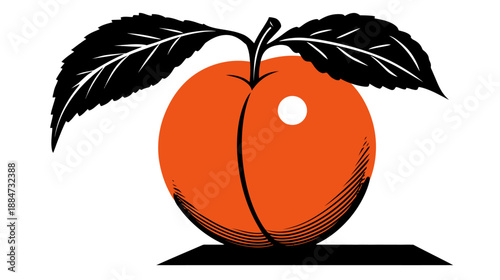 Bold illustration of a ripe orange fruit with leaves. Simple design, white background