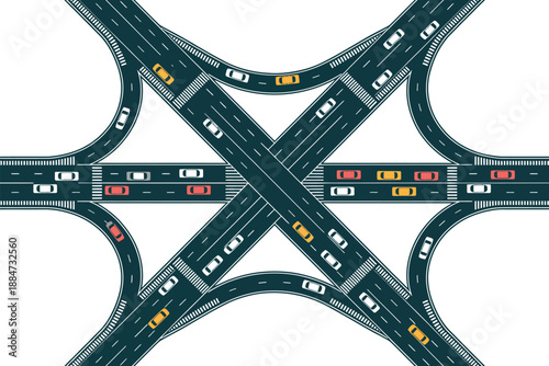 A complex highway interchange with multiple roads and cars on a white background