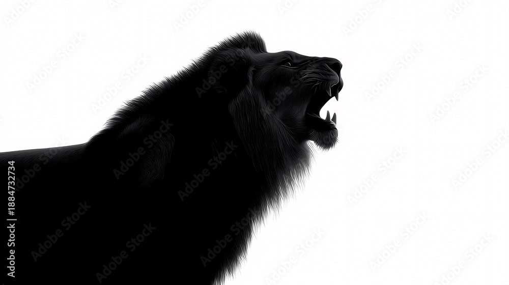 Obraz premium Roaring Lion: A majestic lion, its silhouette powerfully rendered against the backdrop of white. The lion's open mouth and ferocious expression convey raw strength and untamed wildness.