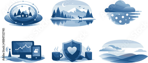 Winter Harmony Ecosystem. End-to-end minimal winter mood ecosystem illustration showcasing serene cold-season harmony, six
