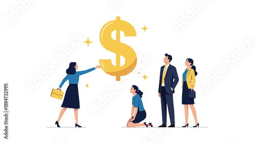 Business People Reaching for a Giant Golden Dollar Sign, Symbolizing Wealth and Opportunity