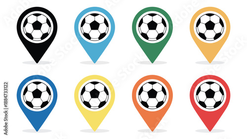 Collection of Colorful Soccer Ball Location Pins on White Background