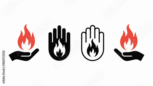 Collection of Hand and Fire Icons: Warning, Safety, and Caution Symbols