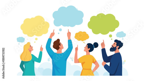 Diverse Group of People Pointing Upwards with Colorful Thought Bubbles