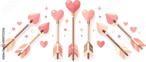 Cupid Arrow Design. Stylized arrow shafts and heart-shaped tips arranged in a refined romantic layout, modern flat vector