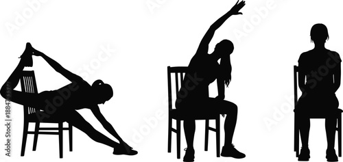 Chair fitness silhouette exercises for flexibility and stretching, demonstrating seated mobility routines and home workout movements for healthy posture, balance, and overall body wellness training.