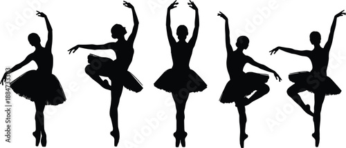 Silhouettes of ballerinas performing elegant ballet poses, showcasing grace, artistic movement, classical dance expression, professional performance for culture, entertainment, and lifestyle concepts.