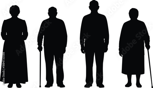Silhouettes of elderly men and women standing, representing senior age, retirement, aging population, and healthcare concepts related to mobility, lifestyle, independence, and supportive care.