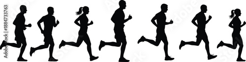 Silhouettes of men and women running, demonstrating athletic movement, cardio fitness training, healthy exercise habits, and active lifestyle concepts for sport, marathon, and outdoor workout themes.
