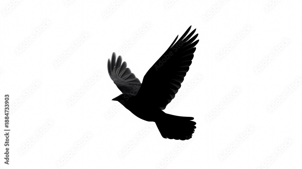 Fototapeta premium Soaring Raven Silhouette: A striking silhouette of a raven in flight, captured in sharp detail, embodying freedom and grace against the bright sky.