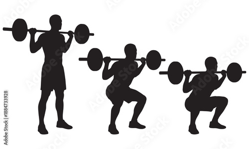 Barbell back squat silhouette – man lifting weights exercise positions vector illustration