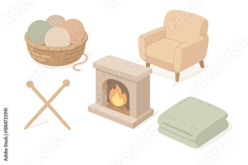 Cozy Knitting Corner. Isometric vector illustration set Knitting Yarn Fireplace: basket of yarn balls, cozy armchair, crackling