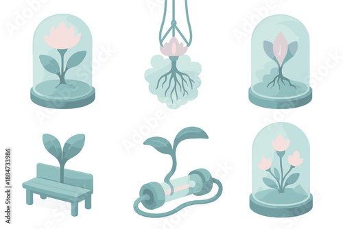 Luminous Plant Conservatory. Isometric vector illustration set Luminous Plant Conservatory: hybrid plants under light domes,