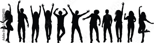Silhouettes of young people jumping and celebrating together, expressing joy, freedom, enthusiasm, and energetic lifestyle concepts for parties, social events, entertainment, and modern youth culture.