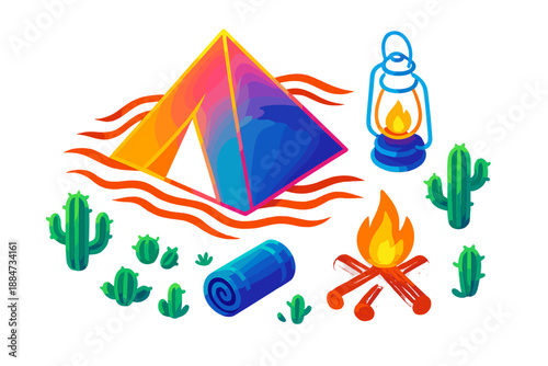 Neon Desert Camp. Isometric vector illustration set Neon Nomad Tent: glowing tent top, neon lantern, desert sand waves, campfire