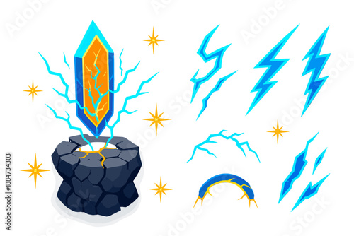 Petrified Lightning Shard. Isometric vector illustration set Petrified Lightning Core: glowing shard core, fractured stone base,