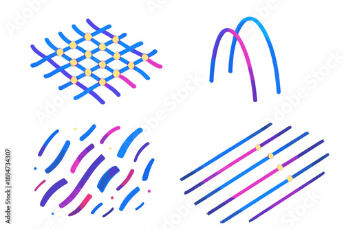 Aetheric Weave Pattern. Isometric vector illustration set Aetheric Weave Pattern: radiant thread lattice, floating filament arcs,