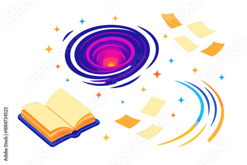 Wormhole Book Voyage. Isometric vector illustration set Ex Libris Wormhole: floating open book, swirling wormhole vortex, tiny