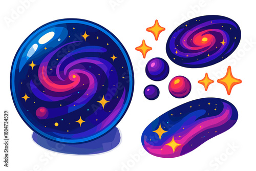 Galactic Marble Wonders. Isometric vector illustration set Glass Marble Galaxy: spherical glass marble, swirling cosmic patterns,