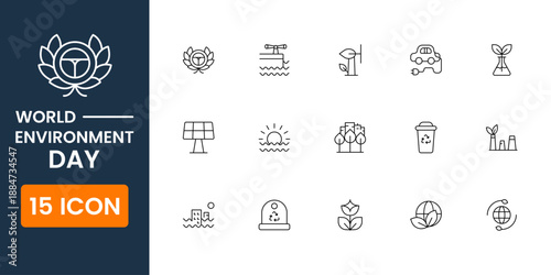 world environment day icon pack, eco sustainability and climate awareness symbols, green nature protection vector icons for web apps