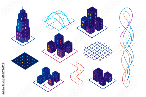 Neon Cityscape Dream. Isometric vector illustration set Invisible City Tapestry: glowing ethereal buildings, neon floating bridges