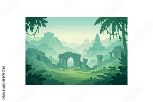 Flat vector background illustration of peaceful jungle ruins silhouette covered vines with soft fog layers style clean 2D shapes no outlines minimal details matte colors layered depth
