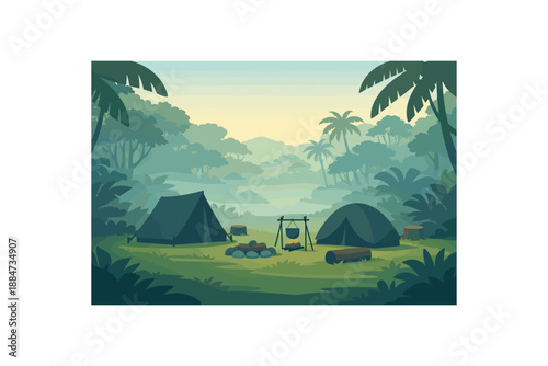 Flat vector background illustration of calm jungle campsite clearing with tent silhouettes and soft morning mist style clean 2D shapes no outlines minimal details matte colors layered depth