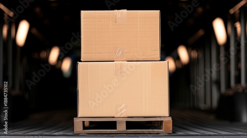 Boxes stacked on a wooden pallet in a warehouse during daylight hours