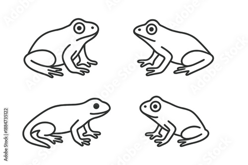 Amphibian Line Icons. Line style icons of Amphibians: smooth body form, soft limb arc, rounded head shape, moist skin outline,