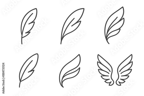 Feathered Line Icons. Line style icons of Feathered Forms: gentle plume curve, soft wing tip, layered feather line, airy outline,