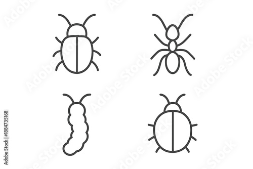 Minimalist Insect Icons. Line style icons of Insects: small crawler, curved antennae, soft body line, tiny legs arc, delicate