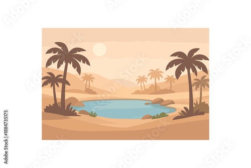 Flat vector background illustration of calm desert oasis with palm silhouettes and small water pool soft haze style clean 2D shapes no outlines minimal details matte colors layered depth