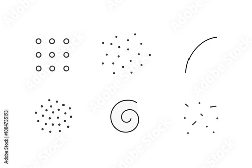 Particle Line Icons. Line style icons of Particles: tiny dot set, subtle scatter, curved drift arc, small cluster, faint swirl,
