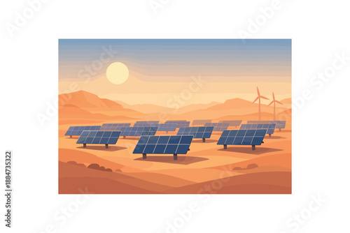 Flat vector background illustration of peaceful desert solar farm with panel silhouettes and soft atmospheric haze style clean 2D shapes no outlines minimal details matte colors layered
