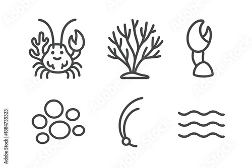 Coral Claw Creature Icons. Line style icons of Coral Claw Creature: marine figure, coral fan, raised pincer, pebble patch, antenna