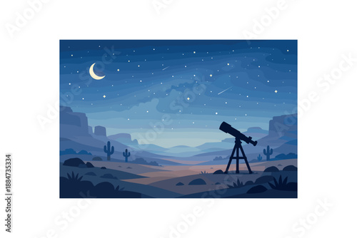 Flat vector background illustration of calm desert stargazing spot with telescope silhouette and soft night haze style clean 2D shapes no outlines minimal details matte colors layered depth