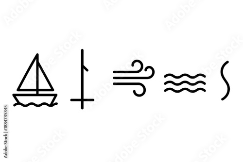Sailboat Line Art. Line style icons of Sailboat Wind Mast: sailboat silhouette, tall mast, blowing wind, waved sea, hull curve,
