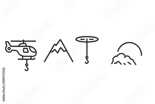 Mountain Liftoff Icons. Line style icons of Mountain Liftoff Crew: chopper outline, jagged summit, hoist line, rotor blur, rocky
