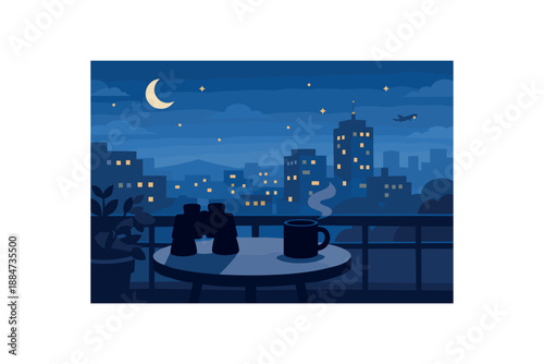 Wallpaper Mural Flat vector illustration of city balcony night with binoculars silhouette and mug on small table style clean 2D shapes no outlines minimal details layered depth simplified silhouettes calm Torontodigital.ca