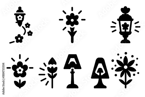 Floral Light Icons. Solid style icons of floral navigation lights: flower lantern trail, luminous petal glow, radiant botanical