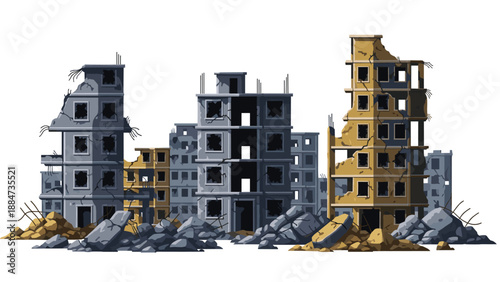 A grim pixel art cityscape depicting several severely damaged and destroyed buildings amidst heaps of rubble, illustrating the aftermath of war or disaster.