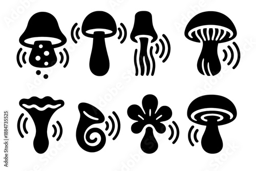 Echo-Infused Fungi Icons. Solid style icons of echo-infused fungi: luminous spore bell, resonant cap, chanting stem, vibrating