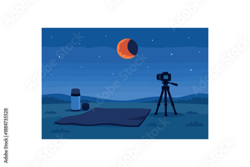 Flat vector illustration of lunar eclipse watching setup without people: blanket silhouette thermos and simple camera on tripod style clean 2D shapes no outlines minimal details layered