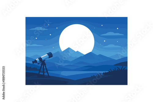 Flat vector illustration of moon viewing with large moon silhouette above mountains as and telescope foreground style clean 2D shapes no outlines minimal details layered depth simplified