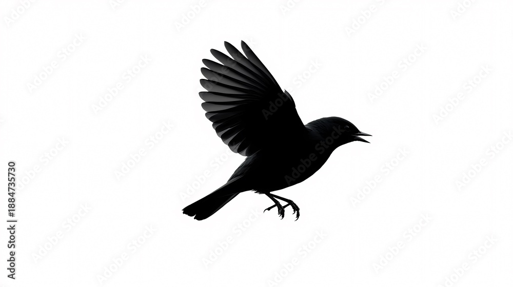 Obraz premium Silhouette of soaring bird in mid-flight: A stunning high-contrast monochrome photograph that captures the elegance and freedom of a bird in full flight. The image shows the bird’s wings wide open.