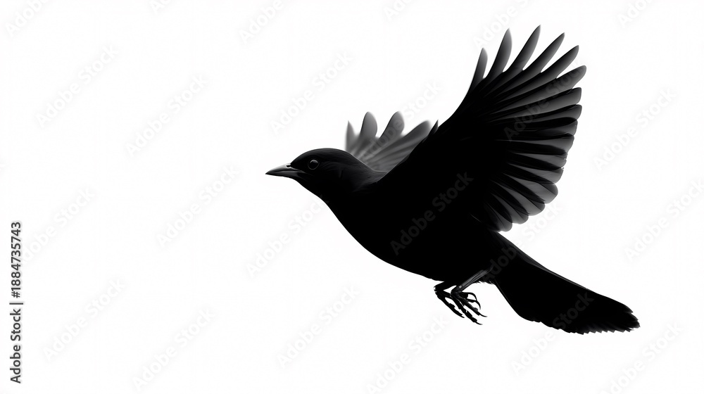 Obraz premium Soaring Silhouette: A solitary raven gracefully cuts through the air, its dark form stark against the light. An emblematic scene capturing the essence of freedom and the mystery of the avian world.