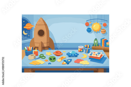 Flat vector illustration of kids space craft table without people: cardboard rocket silhouette and sticker shapes style clean 2D shapes no outlines minimal details layered depth simplified