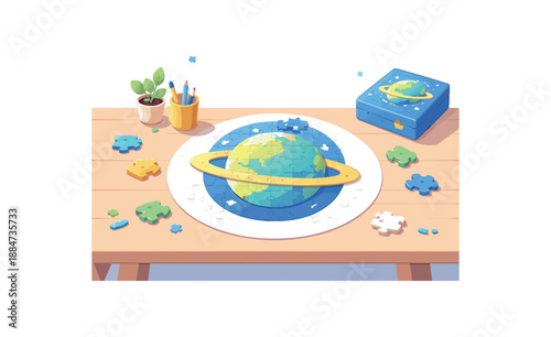 Flat vector illustration of minimalist space puzzle without people: puzzle pieces forming planet silhouette on table style clean 2D shapes no outlines minimal details layered depth